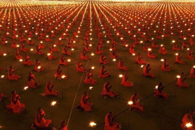 A gathering of 100,000 Theravada Buddhist monks in Thailand